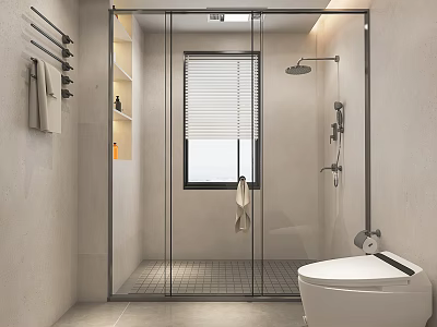 Modern Bathroom With Glass Shower Smart Toilet Shelves And Window Blinds 3d model