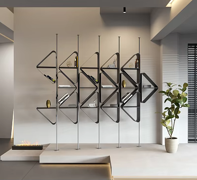 Modern Geometric Bookshelf With Metal Frame Glass Shelves And Decorative Wine Bottles 3d model