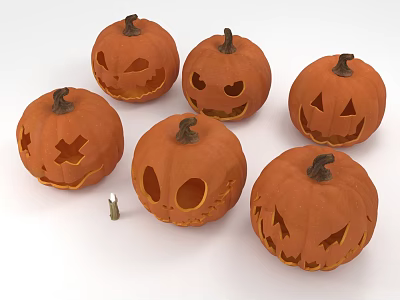 Halloween Themed Decorative Ornament Set With Carved Pumpkins And Small Candle 3d model