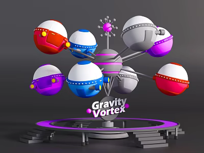 Gravity Vortex Amusement Ride with Colorful Spherical Cabins Rotating Mechanism and Base Steps 3d model