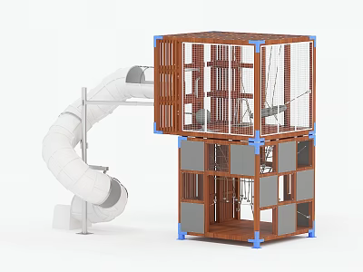 Wooden Multi Level Playground Equipment With Slide And Mesh Panels Blue Connectors 3d model