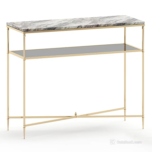 Modern Console Table With Marble Top Golden Frame And Glass Shelf Design 3d model 
