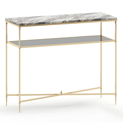 Modern Console Table With Marble Top Golden Frame And Glass Shelf Design 3d model