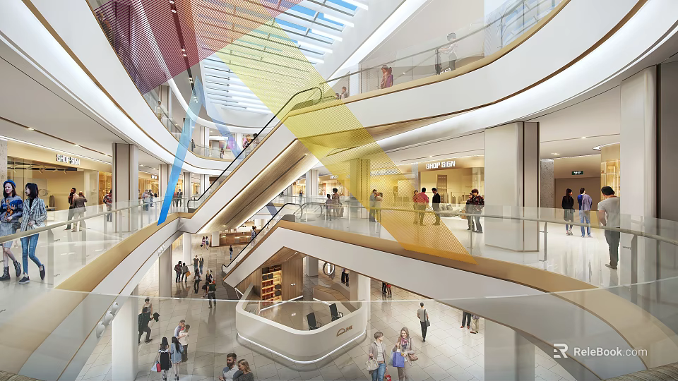 Modern Mall Interior With Multiple Floors Escalators Brand Shops Colorful Ceiling And People Shopping 3d model 