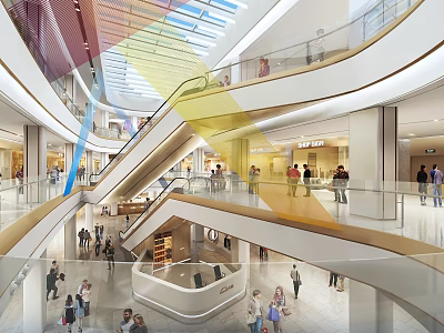 Modern Mall Interior With Multiple Floors Escalators Brand Shops Colorful Ceiling And People Shopping 3d model
