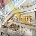 Modern Mall Interior With Multiple Floors Escalators Brand Shops Colorful Ceiling And People Shopping