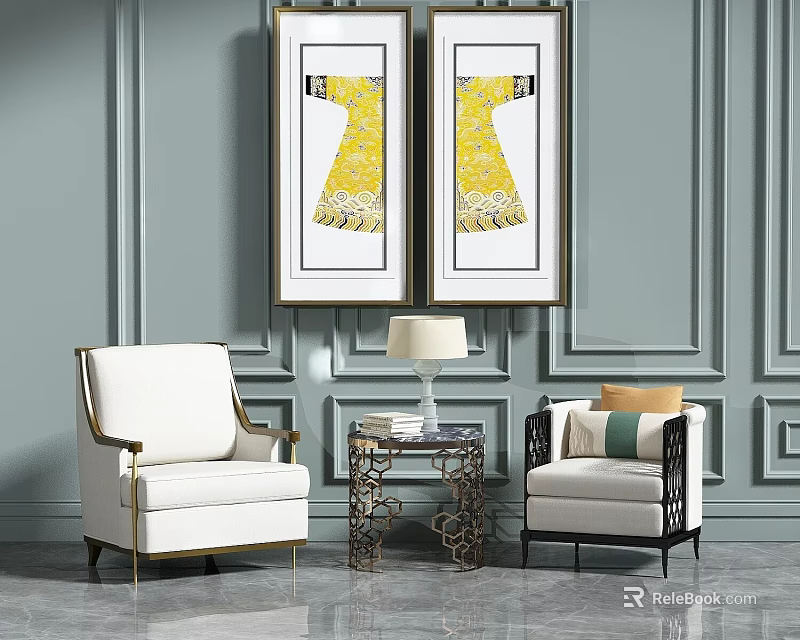 Elegant Modern Armchairs Interior Design With Gray Walls Yellow Artworks And Small Coffee Table 3d model 