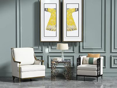 Elegant Modern Armchairs Interior Design With Gray Walls Yellow Artworks And Small Coffee Table 3d model