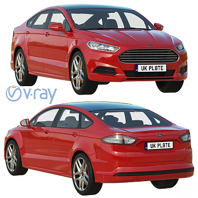 Red Sedan Car With UK License Plate V-Ray Rendered Front And Rear Views 3d model