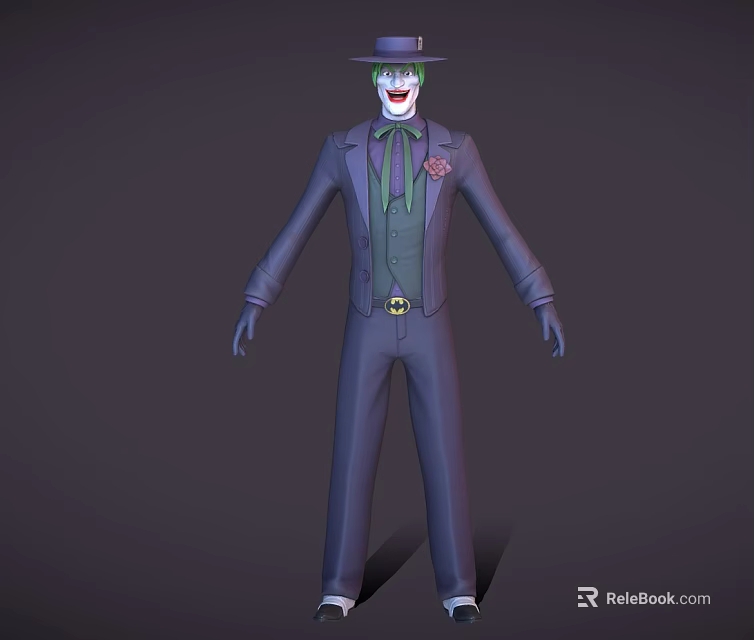 A Man In Purple Suit With Green Vest Hat And Smiling Face Makeup 3d model 