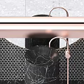 Luxury Modern Washbasin With Black Marble Rose Gold Faucet Geometric Wall And Circular Mirror Design