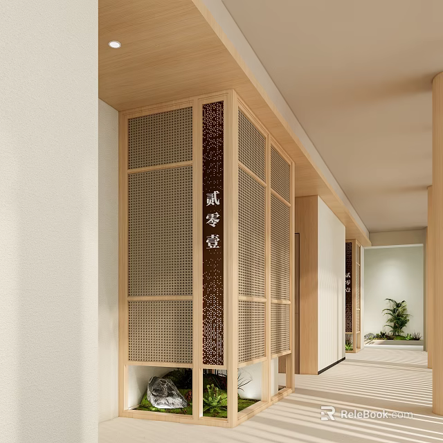 Modern Hotel Corridor Interior With Wooden Grilles Soft Lighting And Potted Plants 3d model 