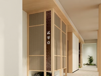 Modern Hotel Corridor Interior With Wooden Grilles Soft Lighting And Potted Plants 3d model