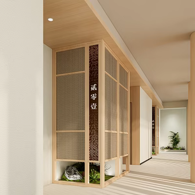 Modern Hotel Corridor Interior With Wooden Grilles Soft Lighting And Potted Plants 3d model