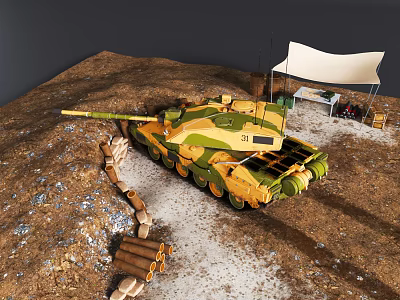 Military Tank With Green Yellow Camouflage In Muddy Terrain Near Military Tent And Equipment 3d model