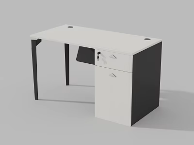 Modern Office Desk With White Desktop Black Legs And Drawer Cabinet 3d model