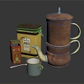 Copper Coffee Pot With Yellow Coffee Tin Orange Tea Packet And Blue Cup Kitchen Supplies
