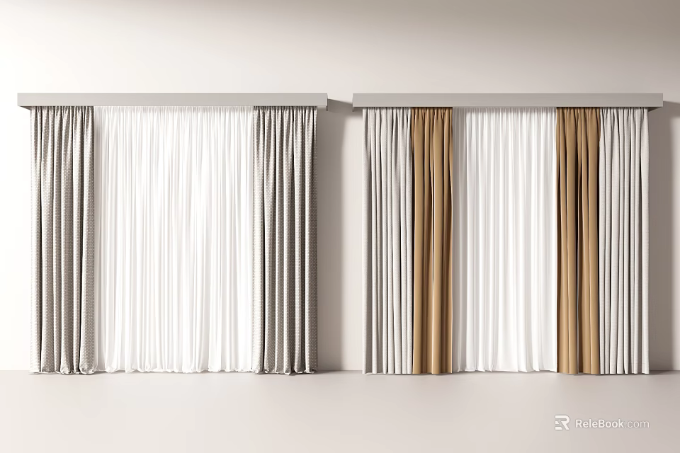 Two Rows of Gray White Brown Striped Curtains in Simple Modern Style 3d model 