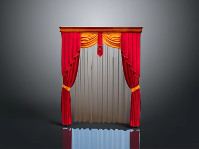 Red And Gold Velvet Curtain With Sheer Center Panel And Golden Tassel Accents 3d model