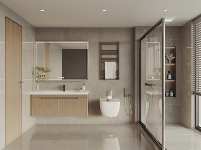 Modern Bathroom Interior Design With Glass Shower Enclosure Wooden Vanity And Gray Tiles 3d model