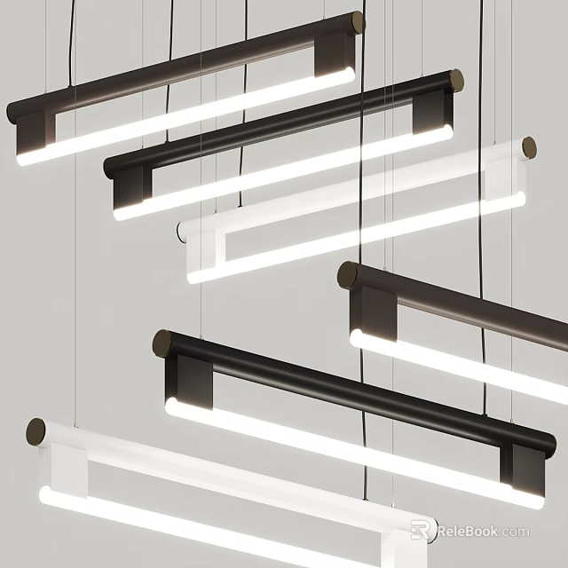 Modern Linear Chandeliers Hanging with Black and White Frames and Sleek Illuminated Strips 3d model 