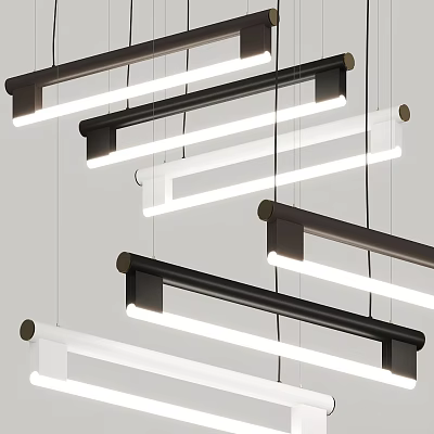 Modern Linear Chandeliers Hanging with Black and White Frames and Sleek Illuminated Strips 3d model