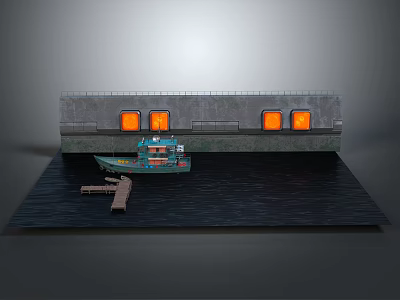Scenic Gray Wall View With Three Orange Windows Blue Boat and Wooden Dock on Water 3d model