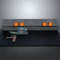 Scenic Gray Wall View With Three Orange Windows Blue Boat and Wooden Dock on Water