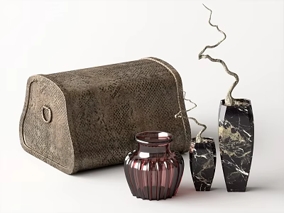 Modern Decorative Ornament Set With Snakeskin Bag Purple Glass And Black Marble Vases 3d model