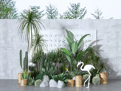 Various Potted Plants With Cactus Palm Banana Leaf Flamingo Decoration Woven Pots And Stones 3d model