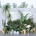 Various Potted Plants With Cactus Palm Banana Leaf Flamingo Decoration Woven Pots And Stones
