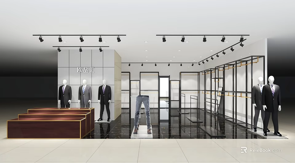 Modern Clothing Store Interior With Mannequins Display Racks And Track Lighting 3d model 