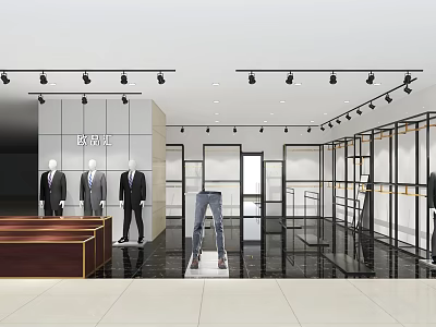 Modern Clothing Store Interior With Mannequins Display Racks And Track Lighting 3d model
