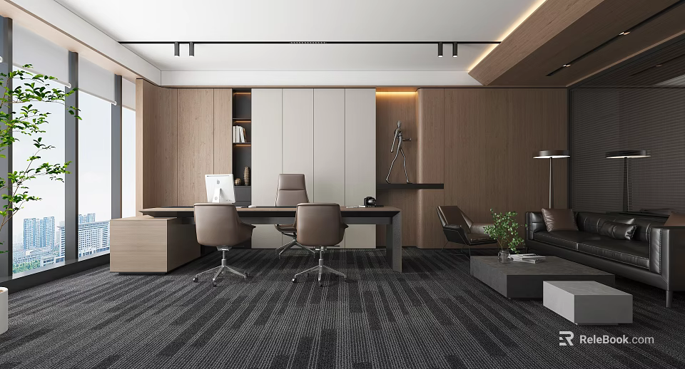 Modern Office Interior Design With Wooden Walls Work Desk Ergonomic Chairs And Sofa 3d model 