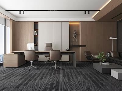 Modern Office Interior Design With Wooden Walls Work Desk Ergonomic Chairs And Sofa 3d model