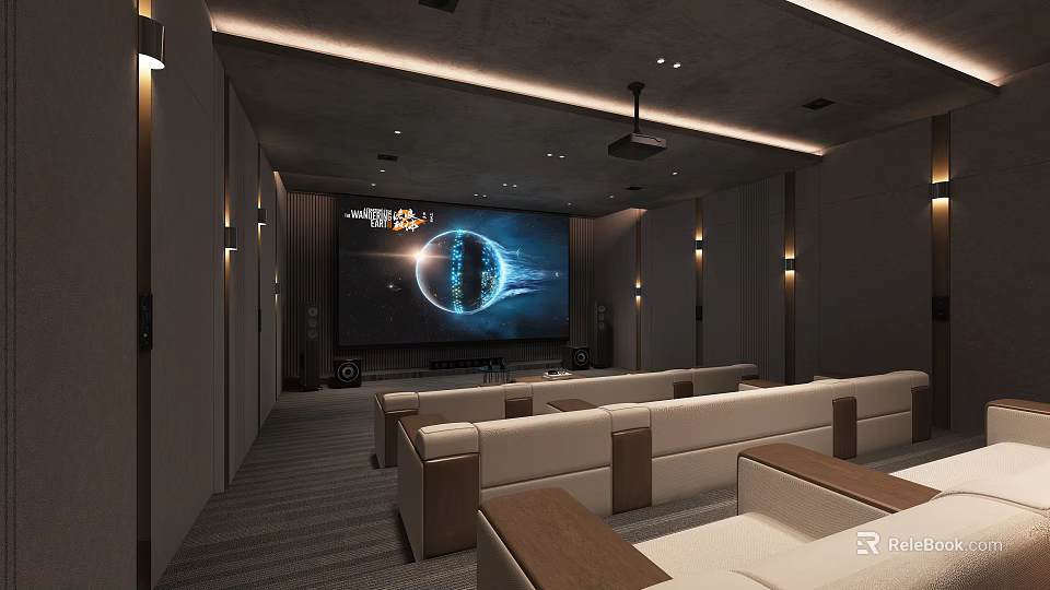 Modern Home Theater Interior With Large Screen Projector And Comfortable Seating Lighting 3d model