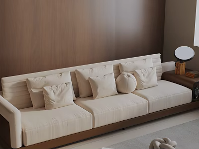 Beige Three Seater Sofa With Plush Cushions Against Wooden Wall Panel And Side Table 3d model