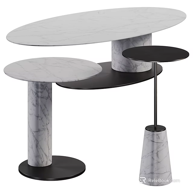 Modern Marble Coffee Table With Oval Top And Black Base In Different Heights 3d model 