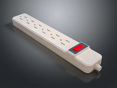 White Long Strip Design Switch Panel With Multiple Outlets And Red Control Button 3d model