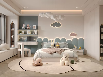 Cozy Modern Kids Room Interior With Cloud Decor Bed Stuffed Toys And Desk 3d model