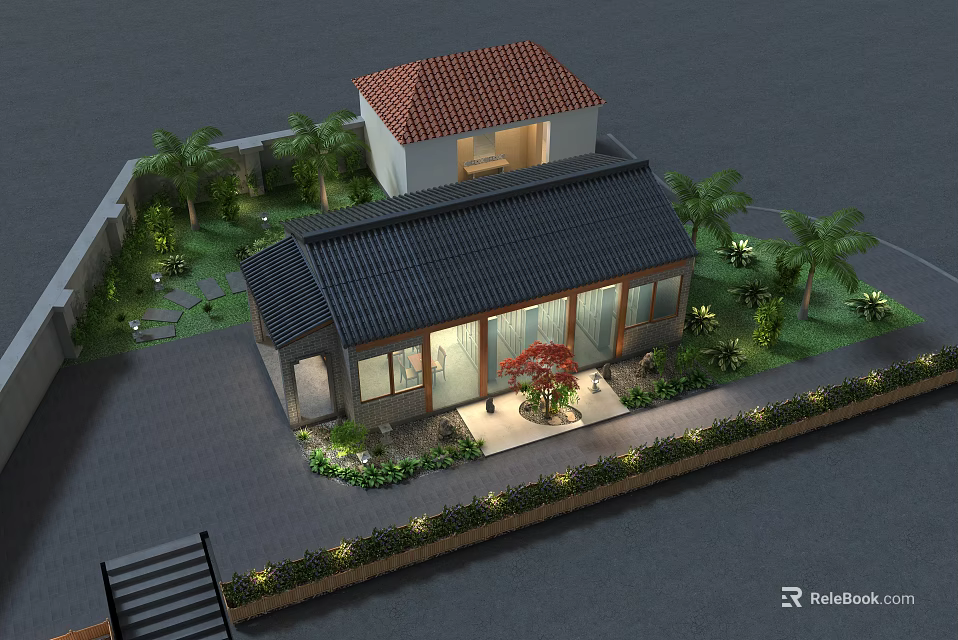Traditional Detached Villa With Red Tile And Black Roof Garden Palm Trees And Lighting 3d model 