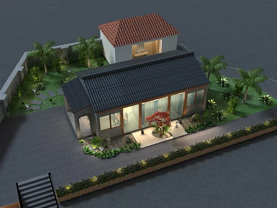 Traditional Detached Villa With Red Tile And Black Roof Garden Palm Trees And Lighting 3d model