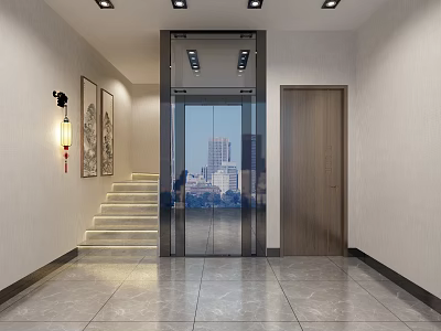 Glass Elevator in Modern Entrance Hall With Staircase Wall Art and Ceiling Lights 3d model