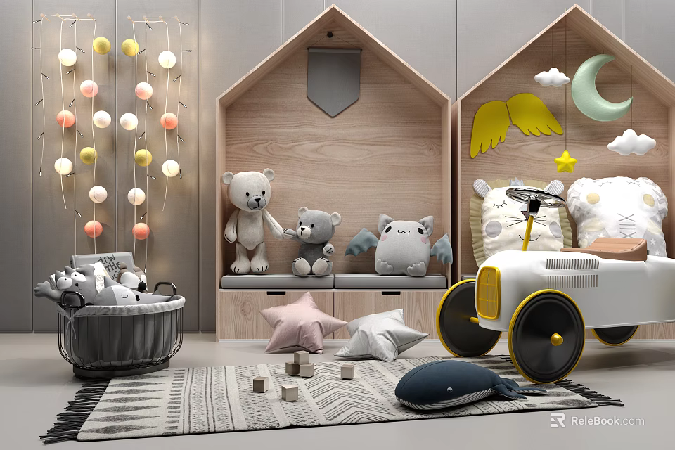 Stuffed Toys in Kids Room with Wooden Shelves Winged Cat Plush Toy Car Star Pillows 3d model 