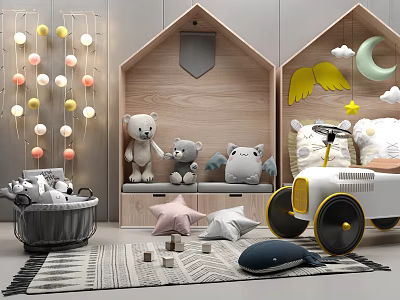 Stuffed Toys in Kids Room with Wooden Shelves Winged Cat Plush Toy Car Star Pillows 3d model