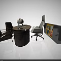 Round Modern Office Desk With Ergonomic Chair Accent Chair And Wooden Bookshelf With Books
