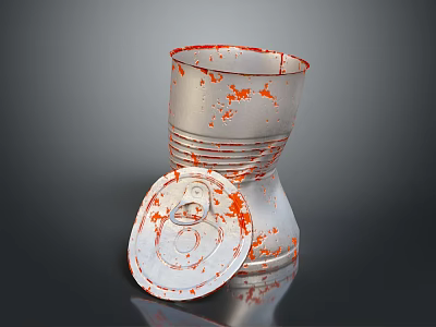Squirrel Investigating Rusty Metal Can With Red Rust And Open Lid On Dark Background 3d model