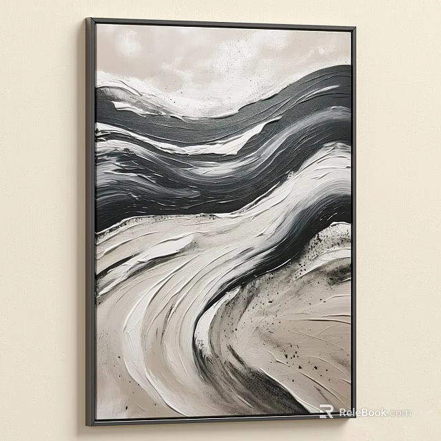 Modern Abstract Painting With Flowing Black White Gray Waves For Interior Wall Decor 3d model 