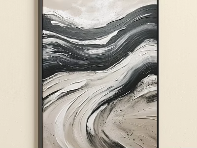 Modern Abstract Painting With Flowing Black White Gray Waves For Interior Wall Decor 3d model