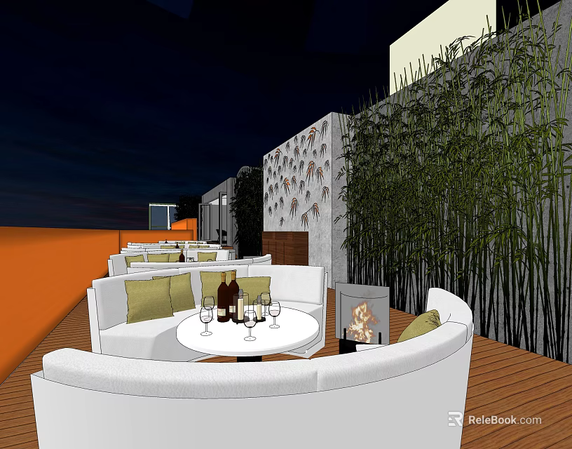 Roof Garden Outdoor Seating Area With White Sofas Round Table Wine Glasses And Bamboo Plants 3d model 